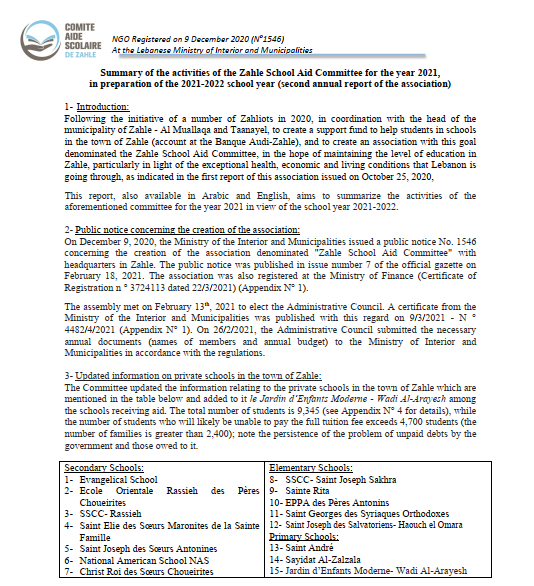 EN – Zahle School Aid Committee (Lebanon) – 2021 Report (For Distribution)